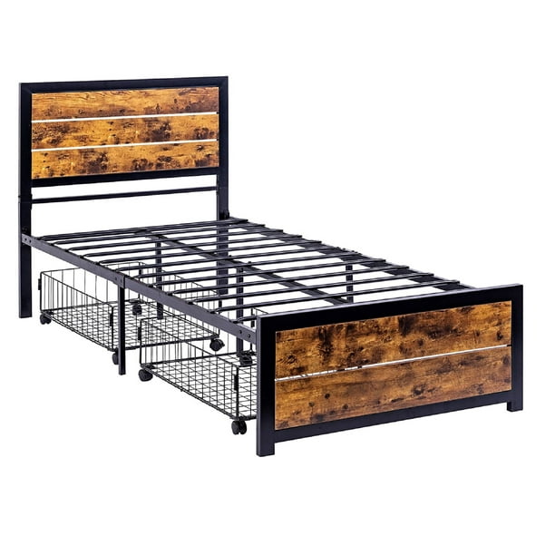 Twin Size Vintage Metal Bed Frame Upholstered Leather Headboard Footboard Brown 